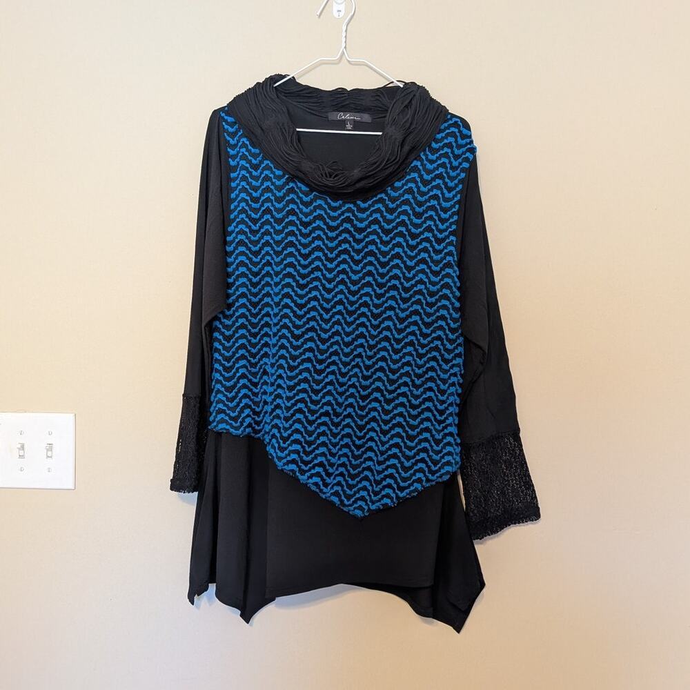 Calessa Blue & Black Dress With Cowl Neckline And Lace Cuffs